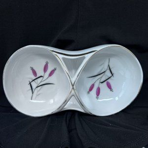 Divided Dish W/Handle Unmarked MCM Pattern 1940s? Pink Cattails Gold Rim 8” X 4”